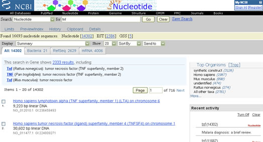 The result page of nucleotide database search of NCBI